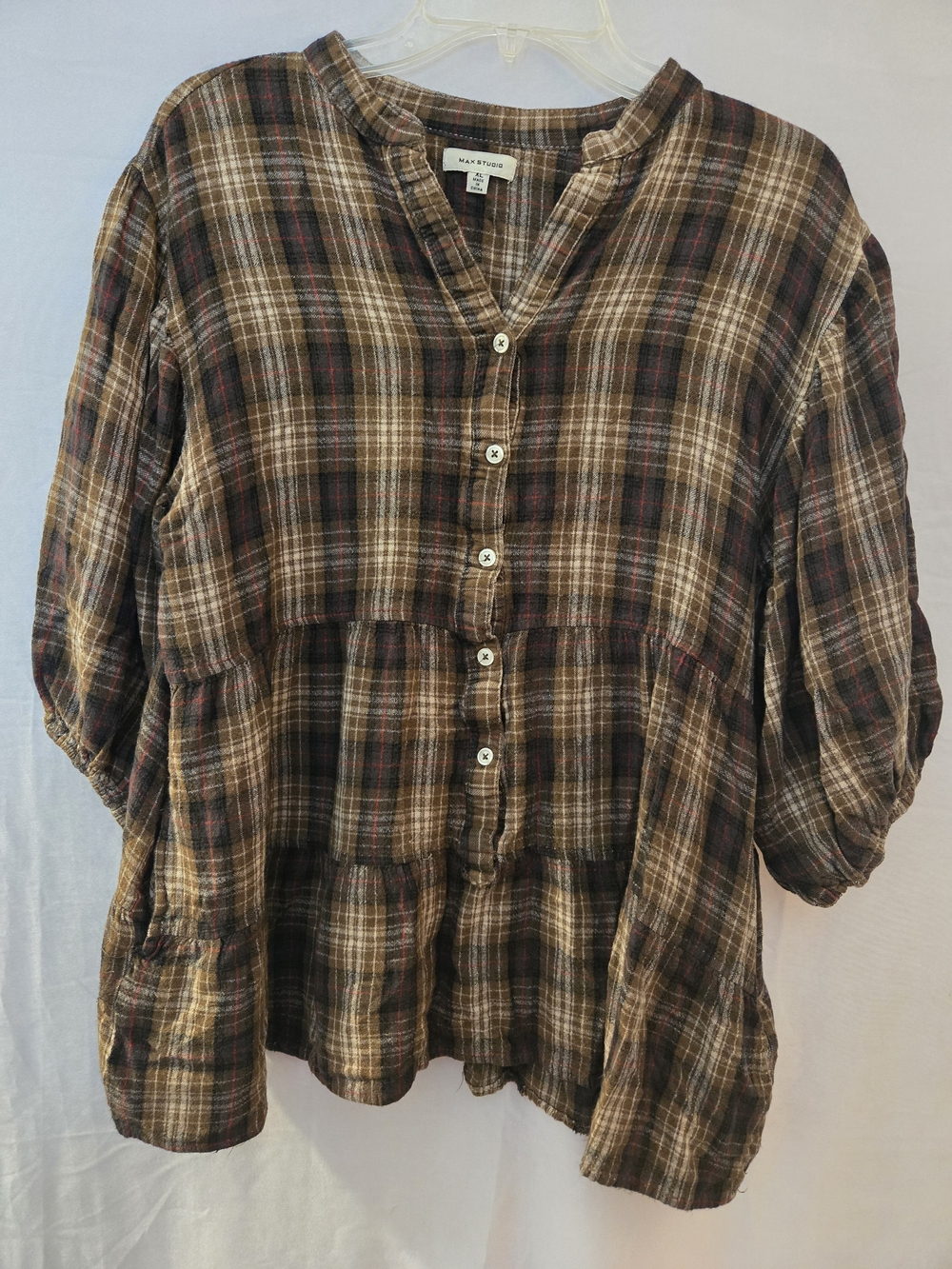 Max Studio Plaid Tiered Button-Front Blouse in Brown and Cream